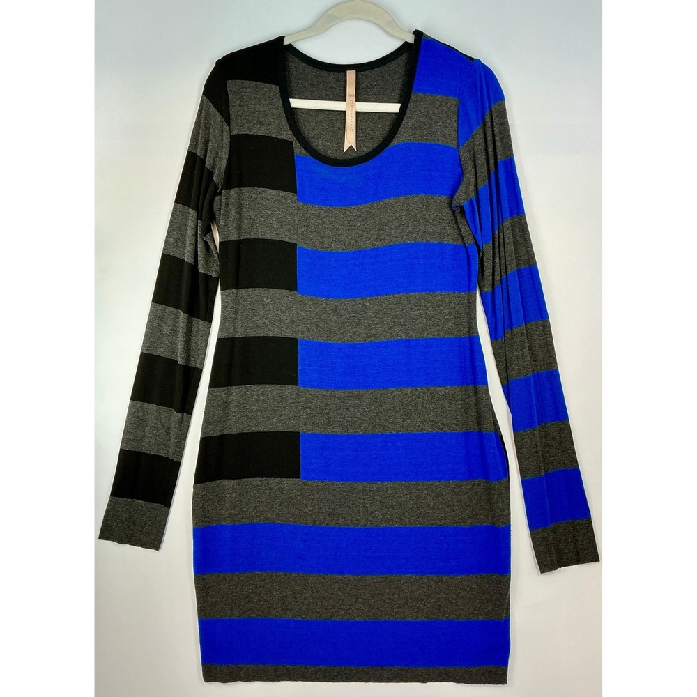 B44 Dressed Long Sleeve Striped Colorblock Mini Dress Size L Blue Gray Black Y2K